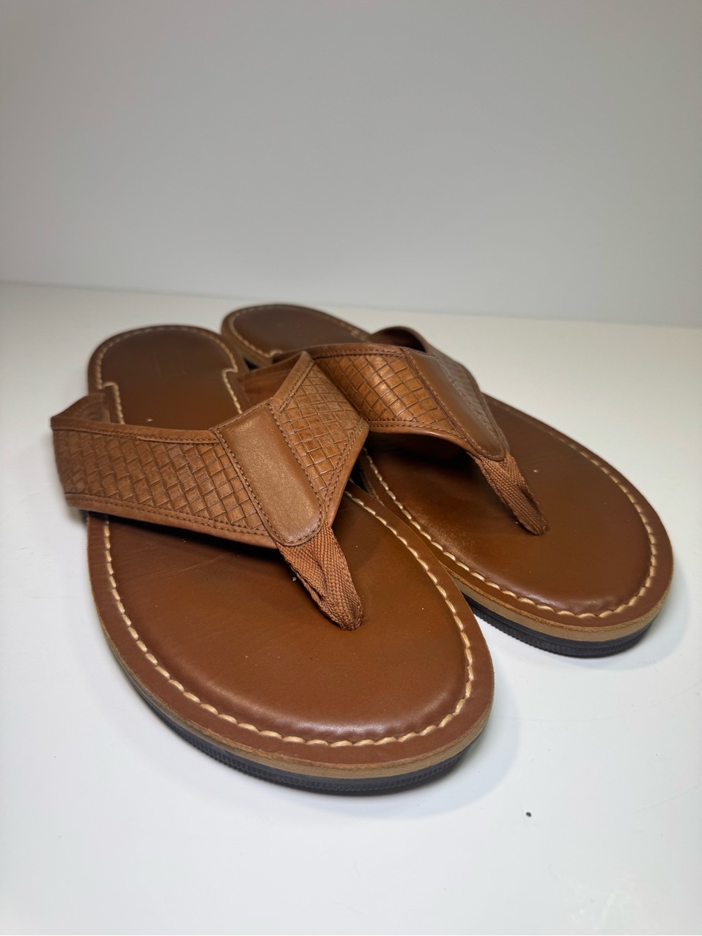 Johnston & Murphy Norris Brown Woven Strap Leather Flip Flop Sandals Sz 12